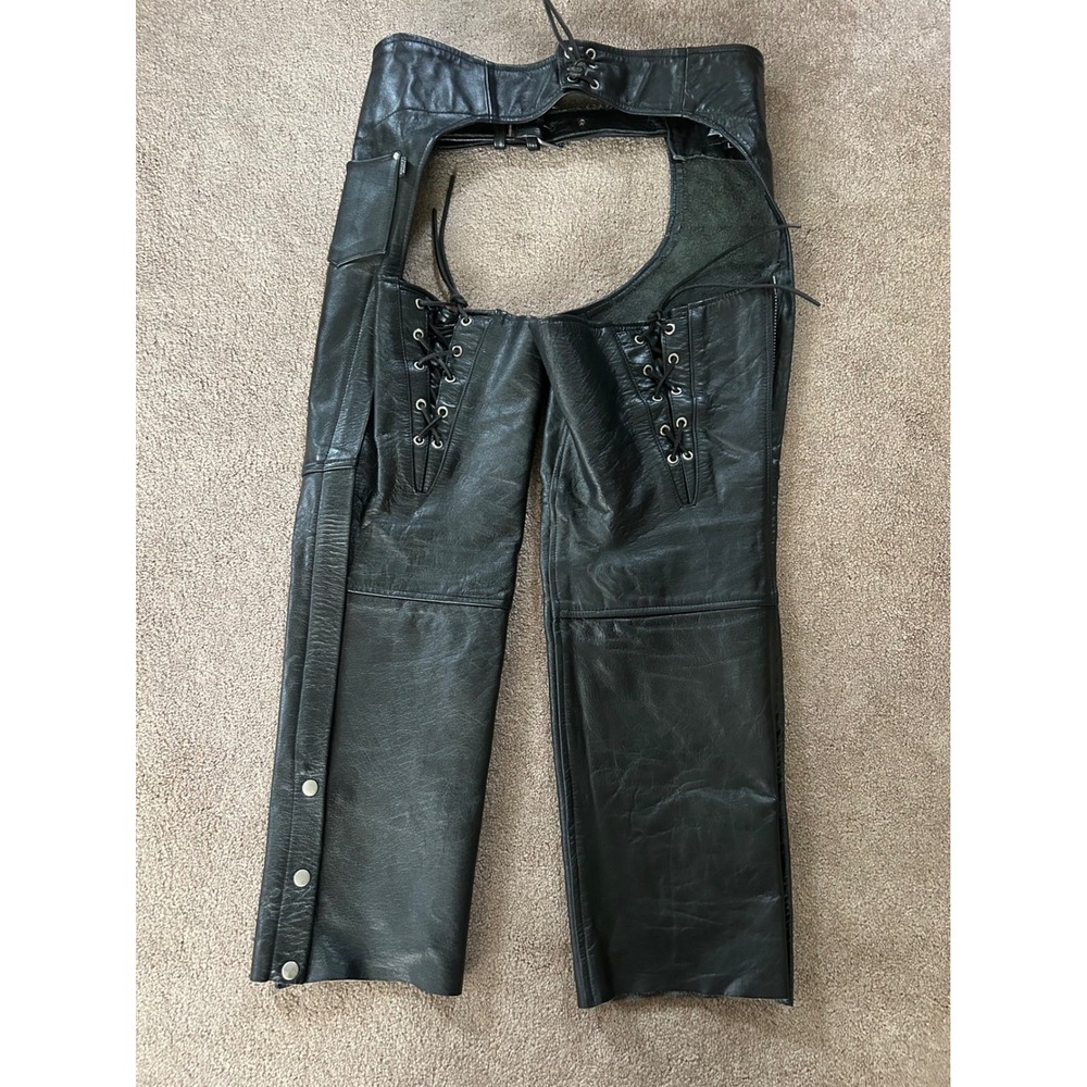 Jamin Leather Black Biker Motorcycle Chaps Lace Up Thighs Size Large